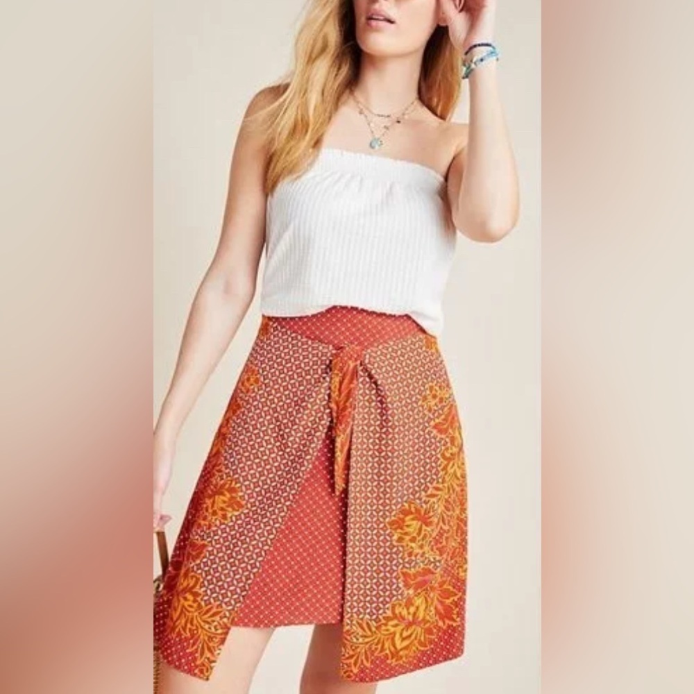 Anthropologie X Maeve | Printed Mini Faux Wrap Midi Skirt Size 8 Boho Red Orange